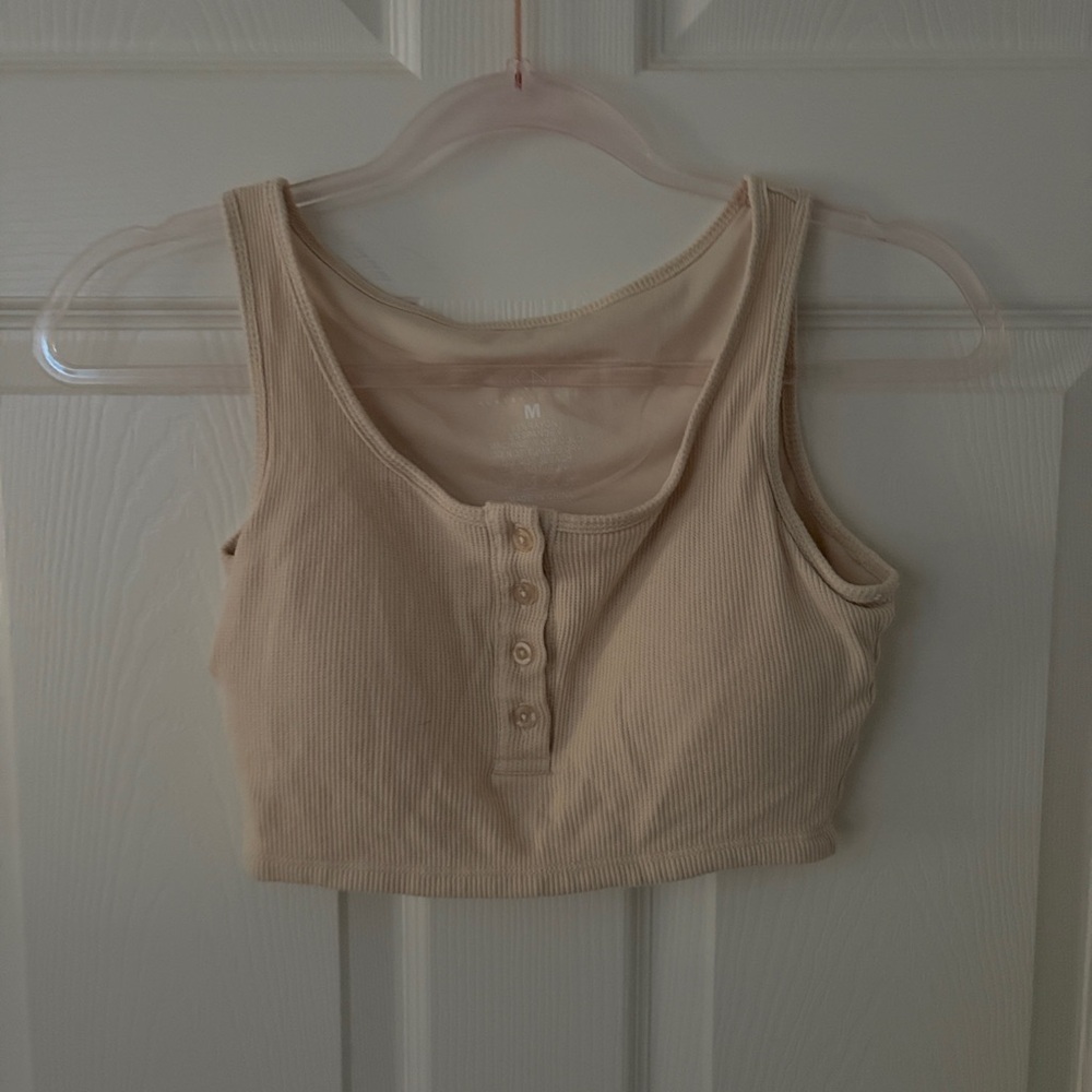 Klassy Network Cream Ribbed Button Tank Top